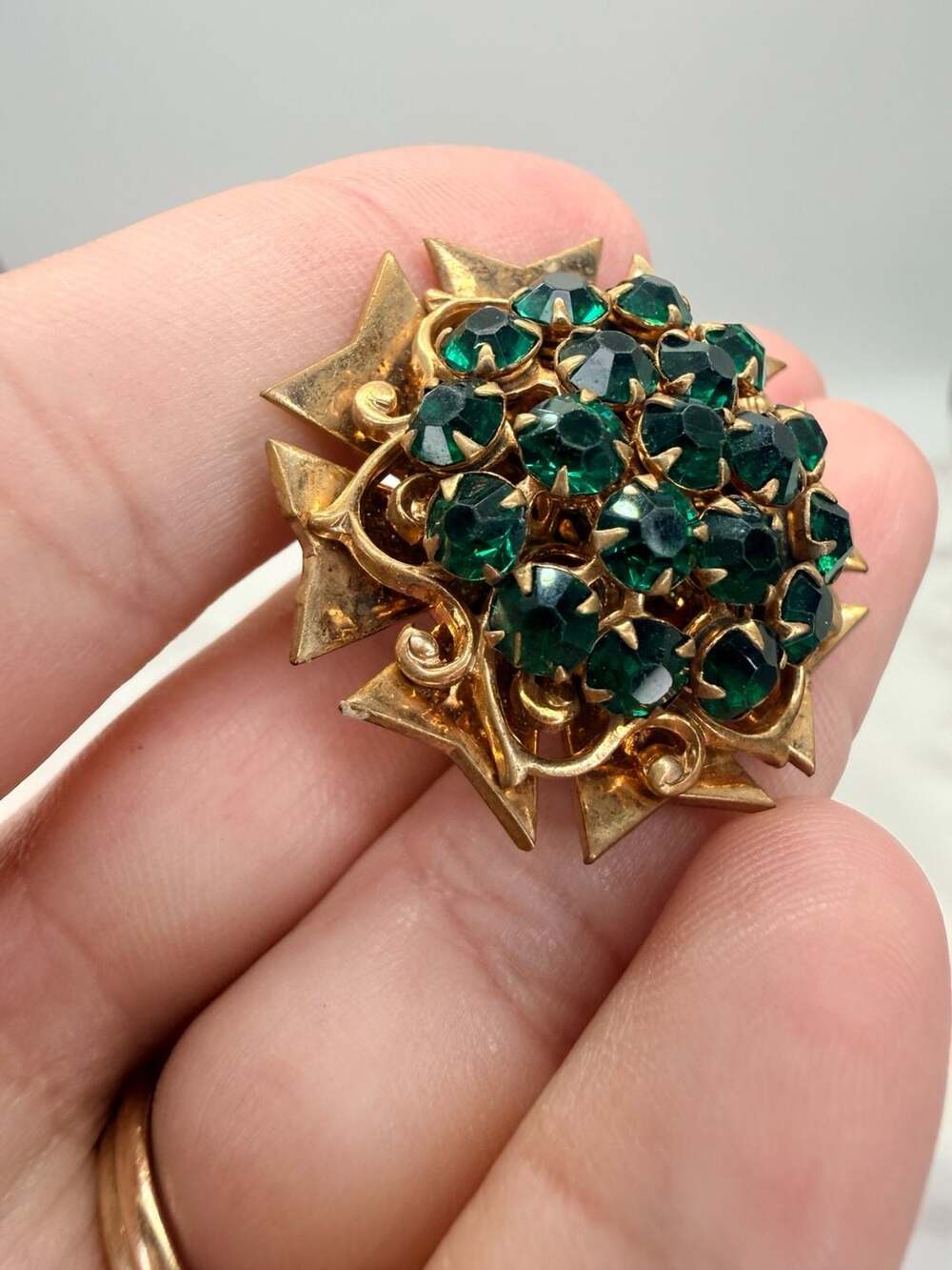 By Maring Vintage Green Rhinestone Brooch Pin Gold Tone